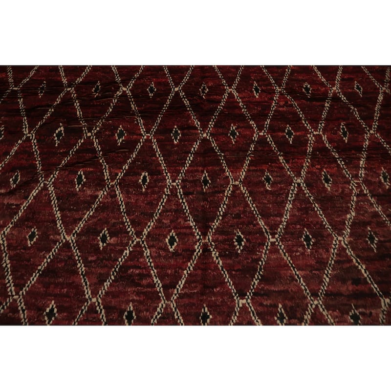 Hand Knotted Oriental 100% Wool Carpet Modern All-Over Red Moroccan Area Rug - 10' 0'' X 6' 6''