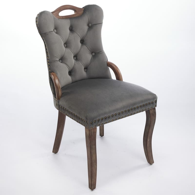 Velvet Dining Chairs with Tufted Trim & Copper Nail Accents - Set of 2