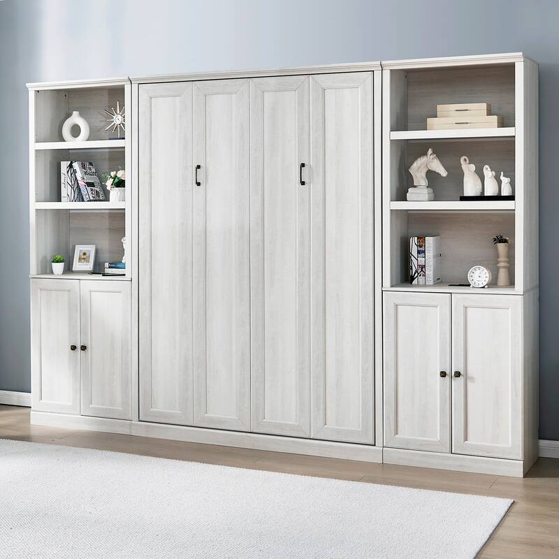 Half Self-Close and Open Murphy Bed with 2 Side Cabinet Storage Shelf