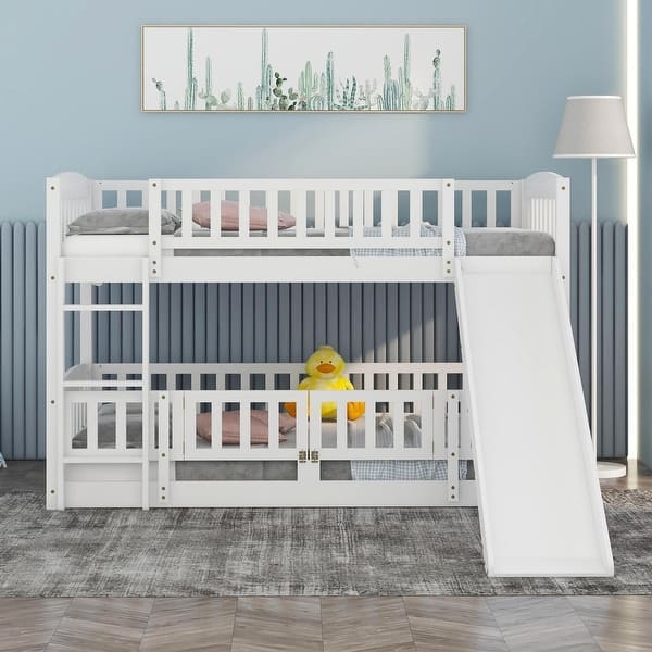 slide 2 of 21, Bunk Bed with Slide,Twin over Twin Low Bunk Bed with Fence and Ladder for Kids Teens-White White