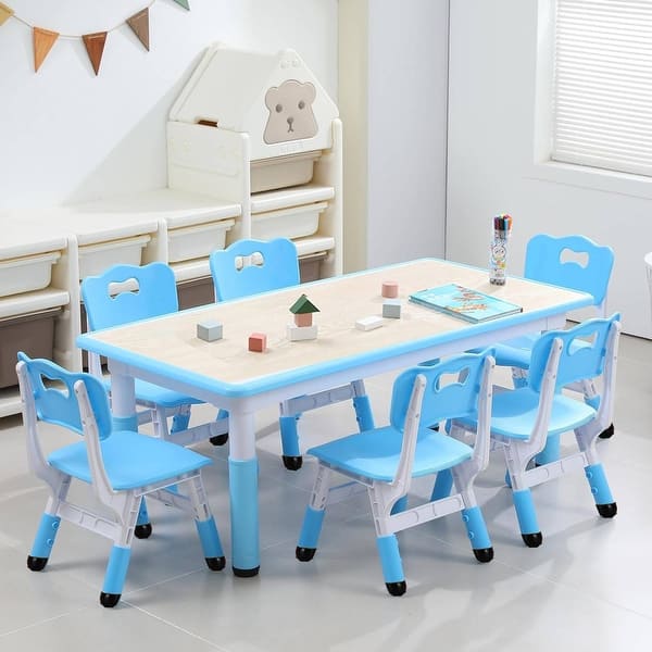 slide 2 of 11, Height Adjustable Kids Table and 6 Chair Set for Ages 2-10 Blue