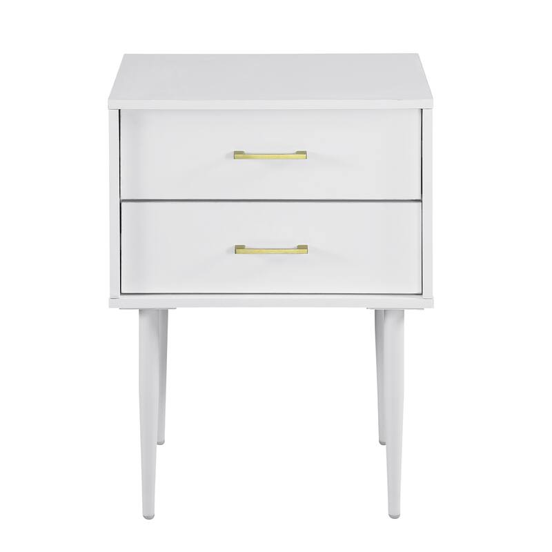 Mid-Century Modern 2-Drawer Nightstand with Tapered Legs and Gold Handles