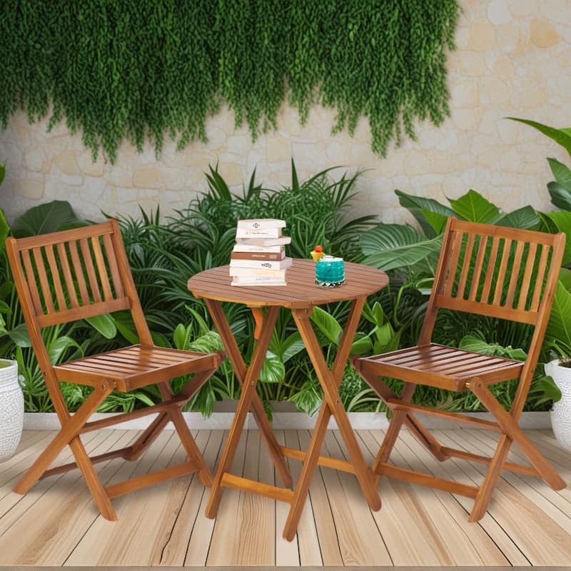 Farmhouse 3-Piece Acacia Bistro Set, Foldable Wood Patio Furniture with Coffee Table & Chairs, Space-Saving Set