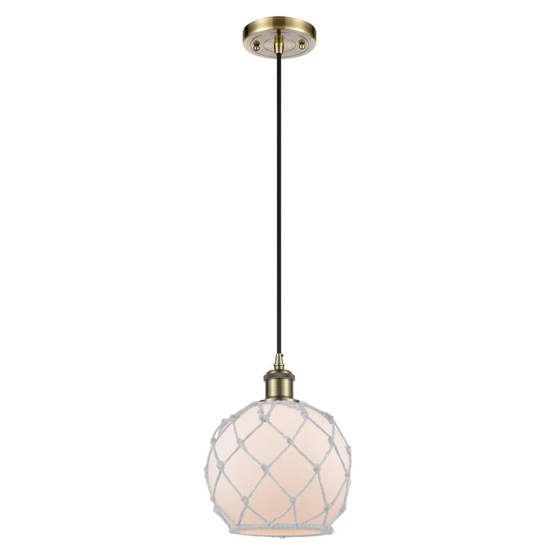 Innovations Lighting Endless Possibilities Ballston - Farmhouse Rope - 1 Light 8" Cord Hung Mini Pendant - Antique Brass/White Glass with White Rope