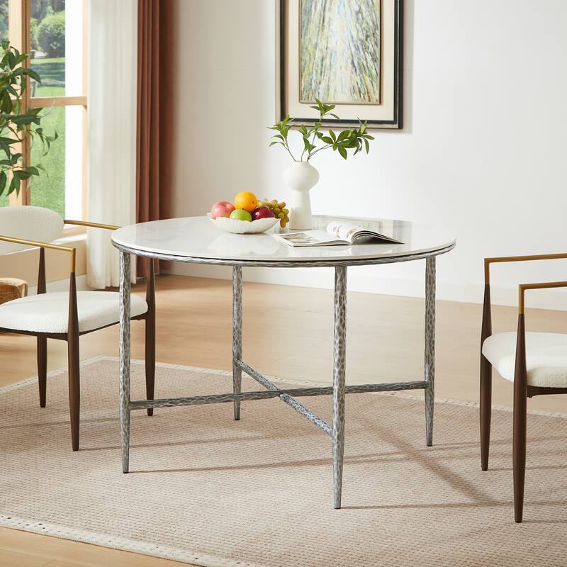Christopher Knight Home - Modern Sintered Stone Round Dining Table with Forged Brass Metal Legs - Forged Pewter