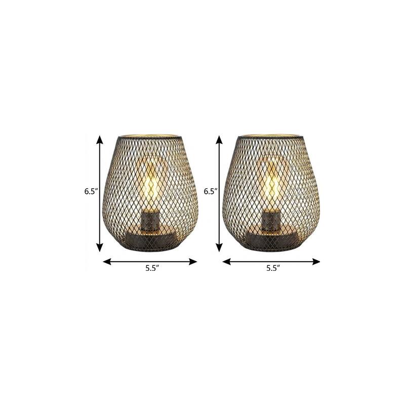 HomeRoots Set of Two 7" Antiqued Bronze Pierced Geometric Cordless Lantern Lamps - 5.50 in. x 6.50 in. x 5.50 in.
