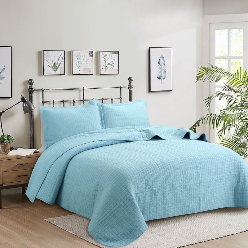 3 Pcs White Cotton Quilt Set Lightweight Bedspread Set Check - Queen - Light Blue