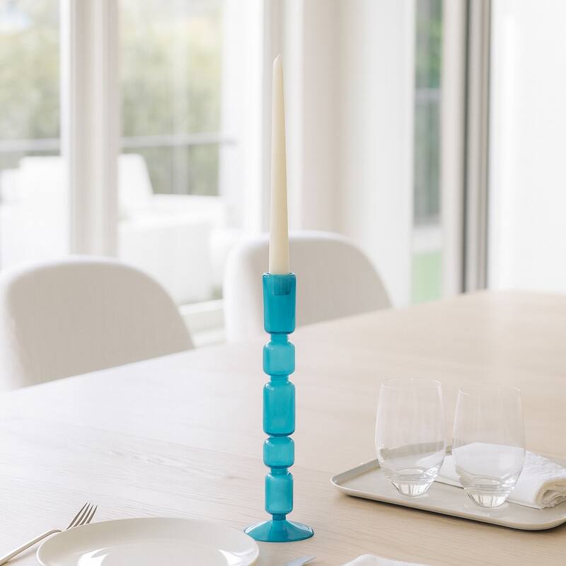 Glass Stacked Mix Bubble Taper Candle Holder - Blue - 14.0"