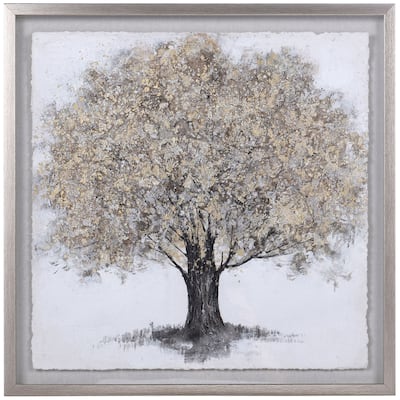 Gold Foliage - Shadow Box Wall Art With Foil On Rice Paper - Gray Wash Frame