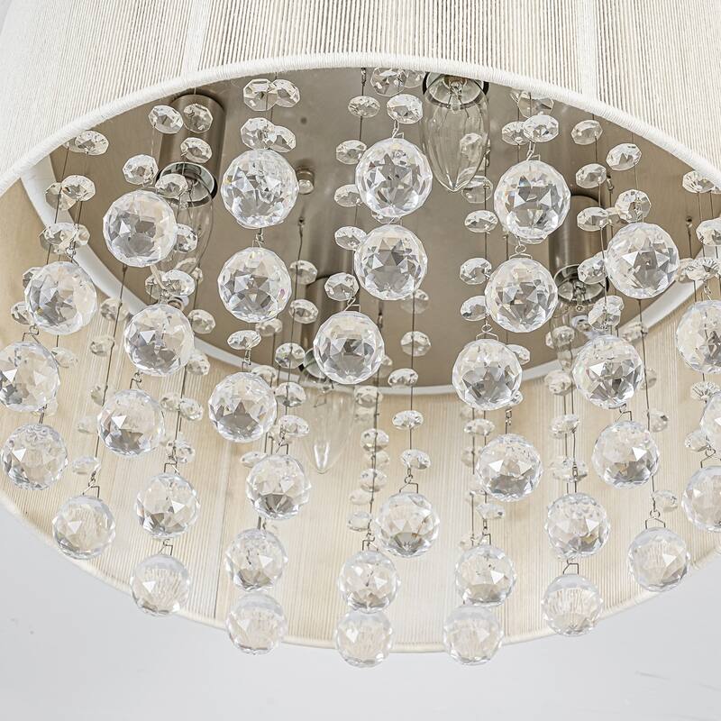 4-Light Modern Luxury Textured Fabric & Crystal Flush Mount with Crystal Droplets for Living Room - 15.7 in. W x 8.7 in. H