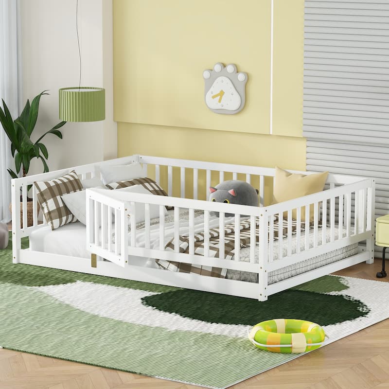 Montessori Floor Bed with Fence Guardrail and Removable Door Toddler Floor Wood Bed Frame for Kids Boys Girls Children's Room - White - Full