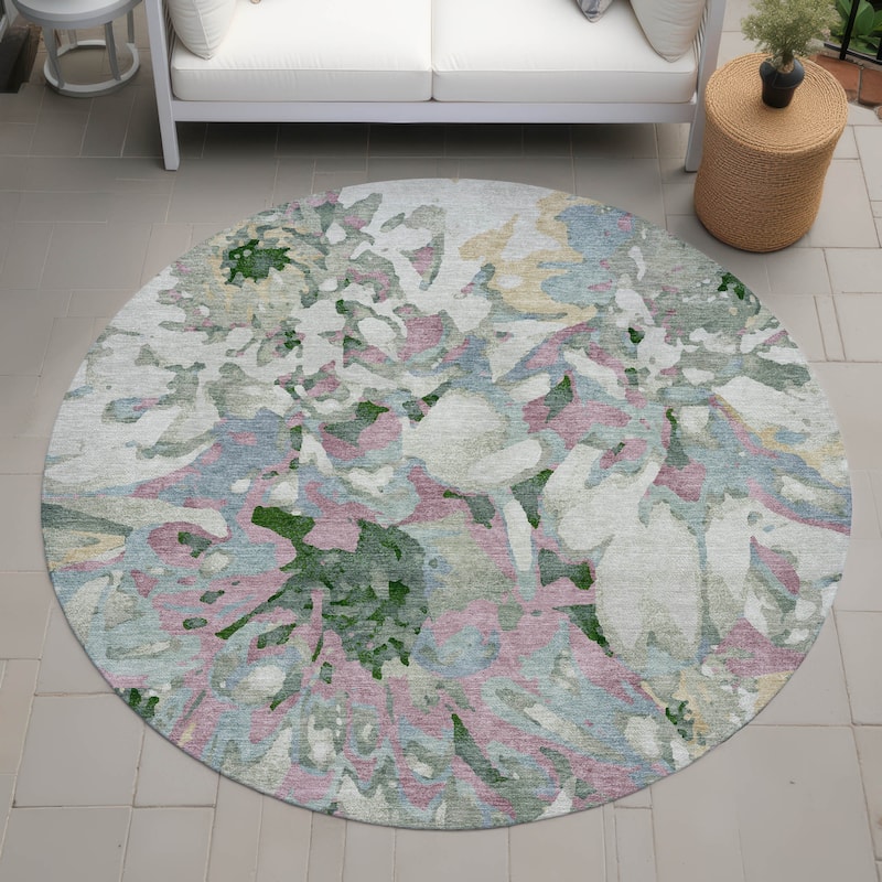 Machine Washable Indoor/ Outdoor Abstract Floral Chantille Rug - Sage - 8' x 8'