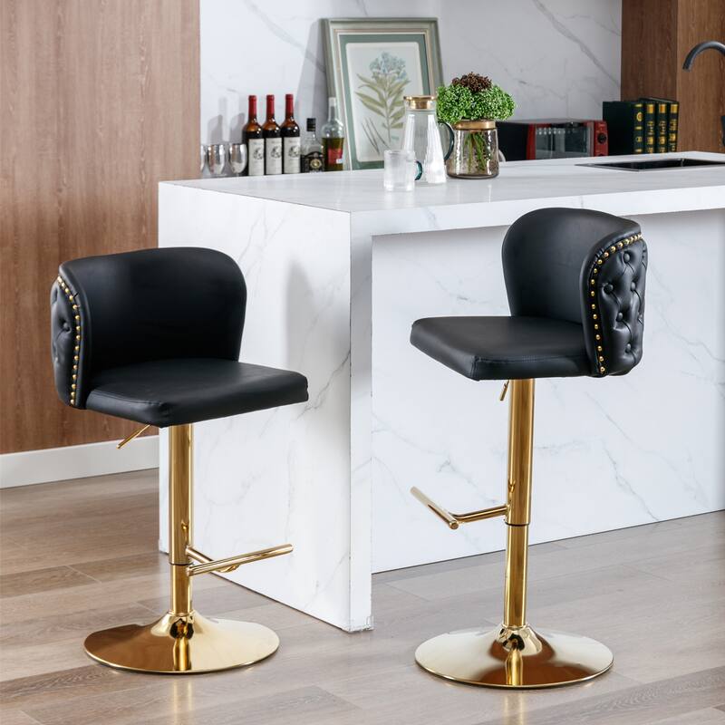 Set of 2 Adjusatble Swivel Bar Stools with PU Leather Tufted Back