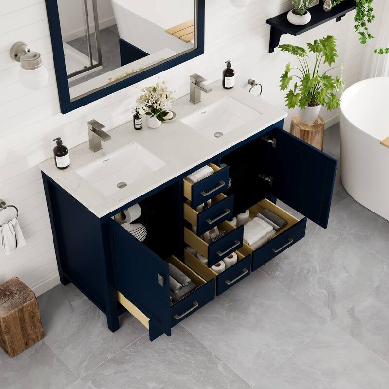 London 48"W Blue DS Bath Vanity with Carrara Quartz Top & Porcelain Sink