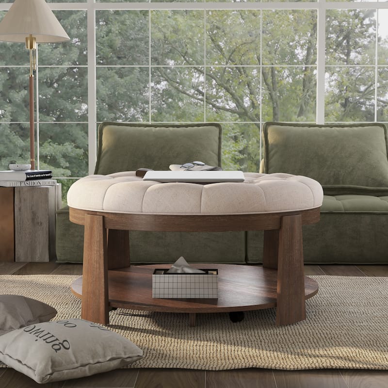Geoffrey Transitional Round Natural Wood Open-Shelf Tufted Ottoman with Wheels by Furniture of America - Beige