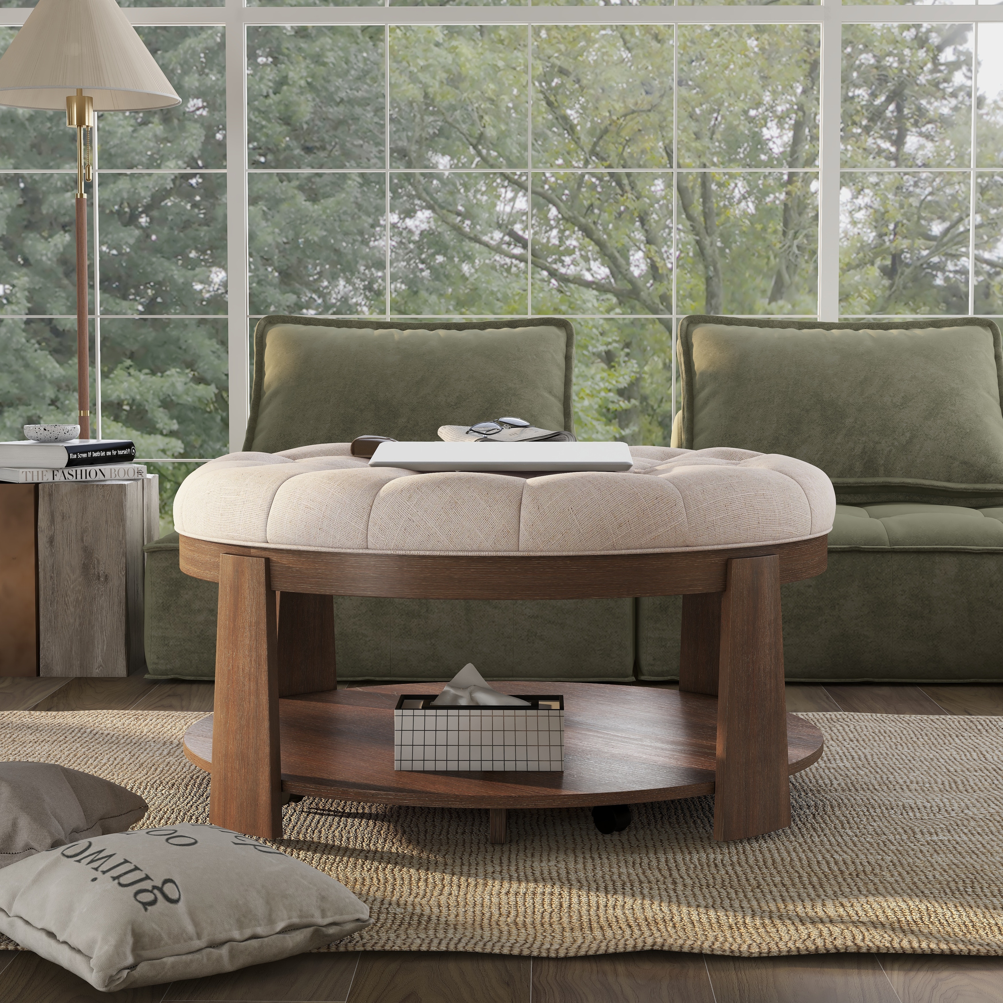Furniture of America Geoffrey Transitional Round Natural Wood Open-Shelf Tufted Ottoman with Wheels