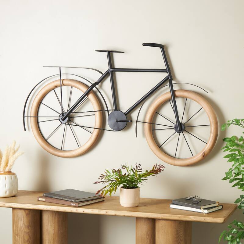Black Metal Bike Home Wall Decor with Brown Wooden Wheels - Black