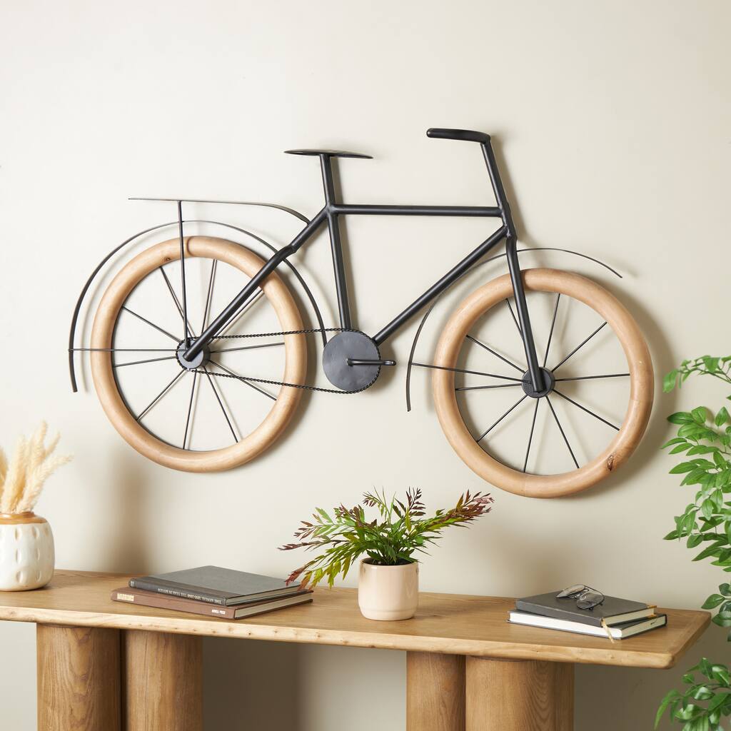 Black Metal Bike Home Wall Decor with Brown Wooden Wheels