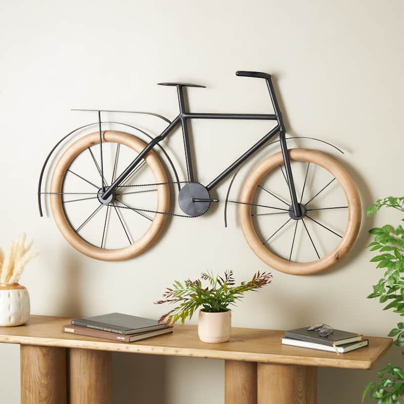 Metal Bike Home Wall Decor with Brown Wooden Wheels - Black - Roche River Decor