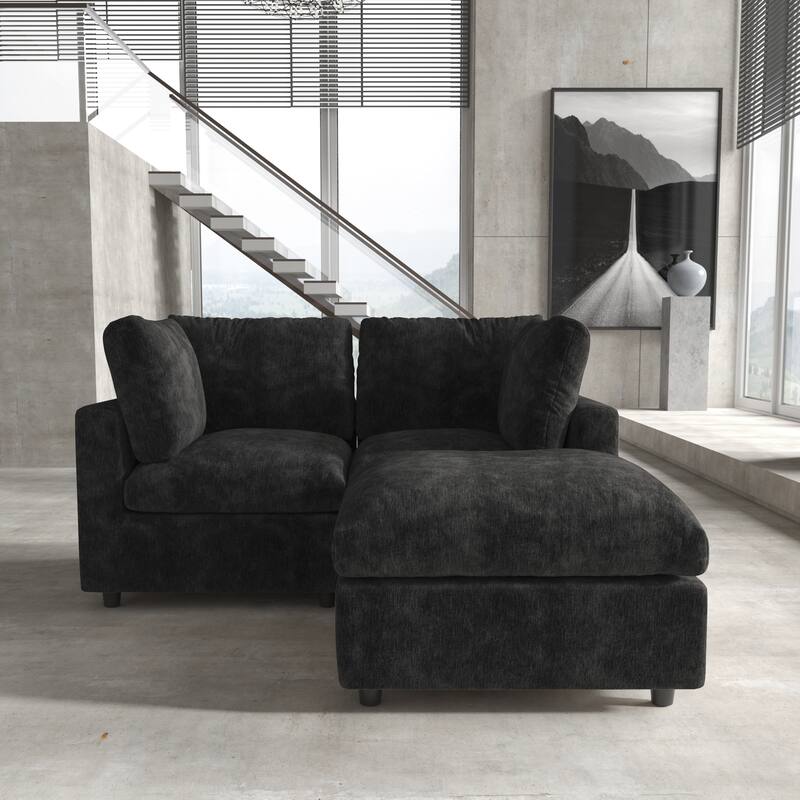 Modern Loveseat Couch with Ottoman Chenille Modular Sectional Sofa Removable Cover, Spring Cushions, Solid Wood Frame