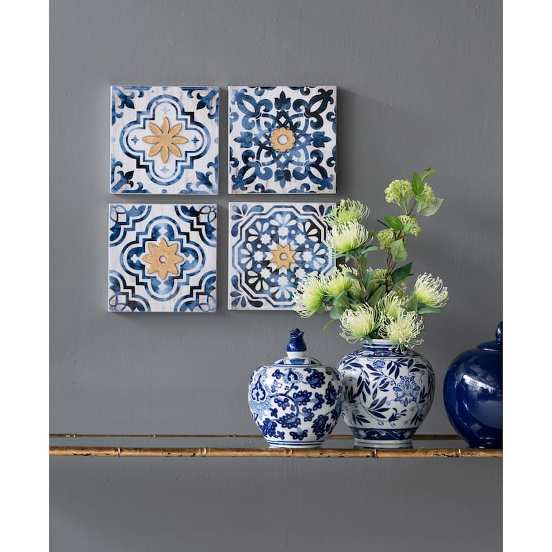 S/4 Abstract Blue, White, and Gold Wall Decor Accents, 9.5x9.5"