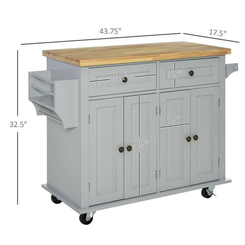 Kitchen Island on Wheels, Rolling cart with Rubberwood Top, Spice Rack, Towel Rack and Drawers for Dining Room, White