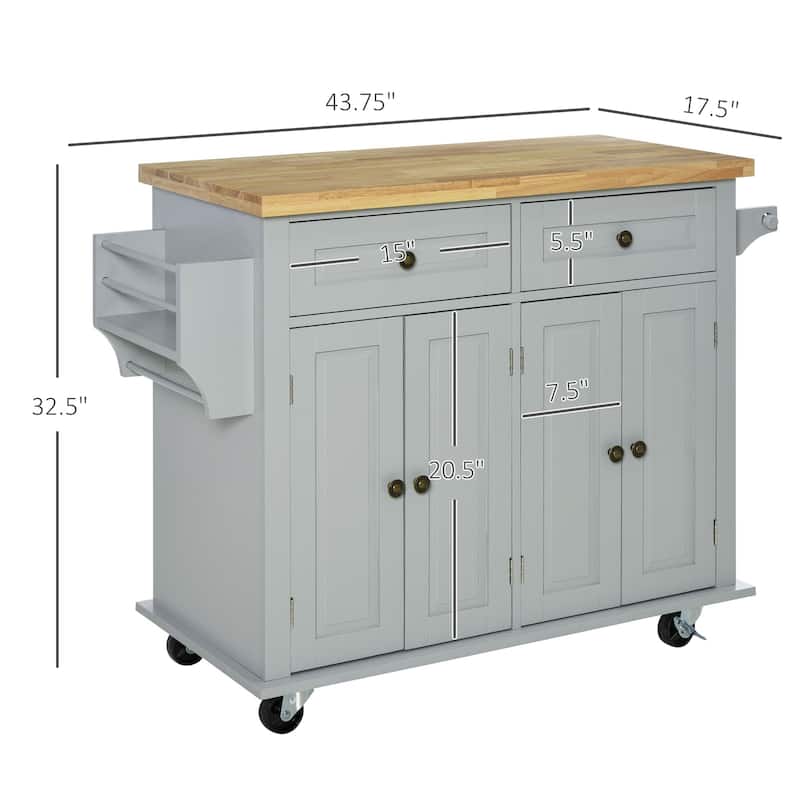 Rolling Cart with Rubberwood Top, Kitchen Island on Wheels with Spice Rack, Towel Rack and Drawers for Dining Room