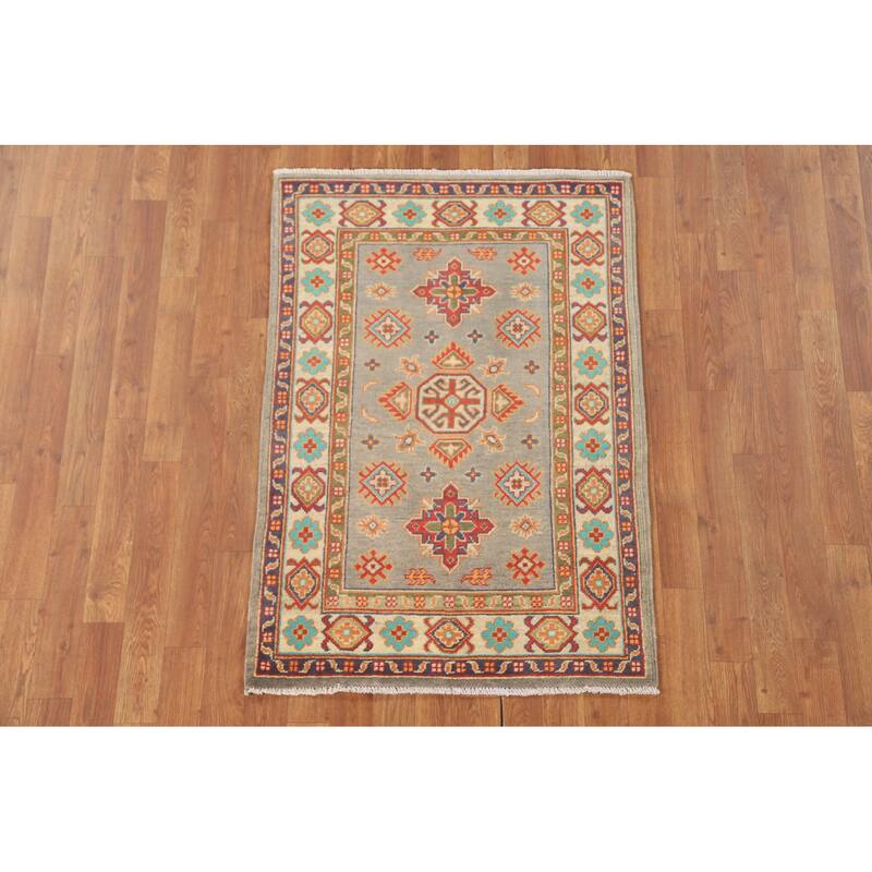 Geometric Kazak Foyer Rug Handmade Grey Wool Carpet - 2'8" x 4'0"