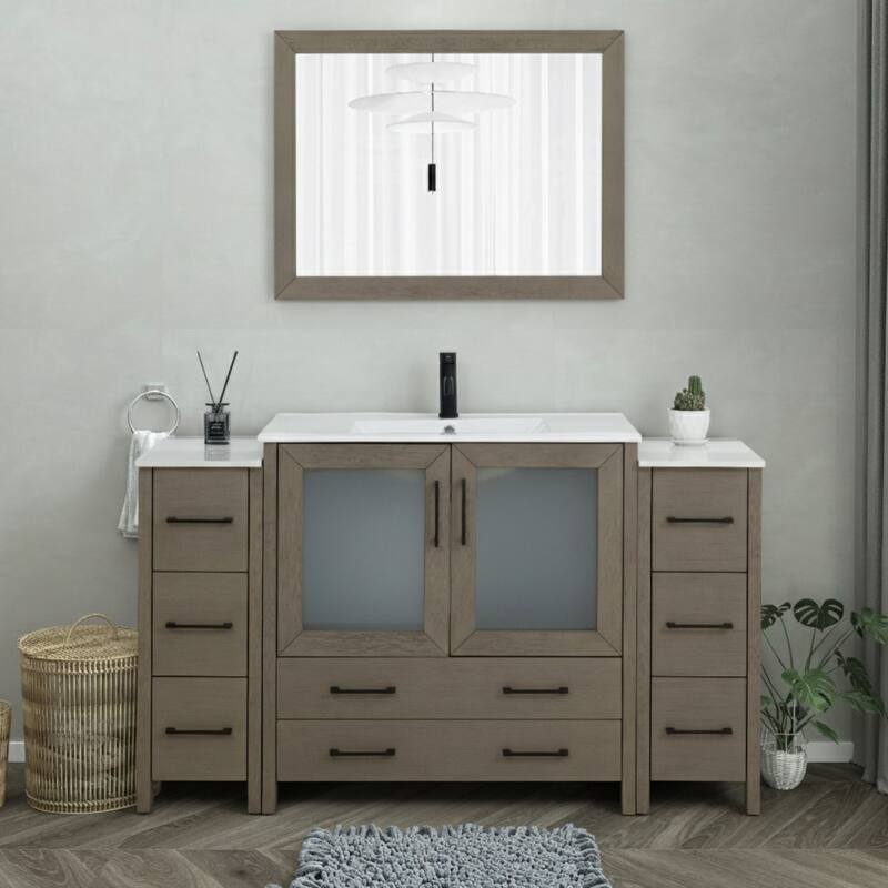 Vanity Art 60-Inch Single Sink Bathroom Vanity Set 8 Dove-Tailed Drawers 3 Cabinets 1 Shelf Soft-Closing Doors with Free Mirror - Driftwood Gray