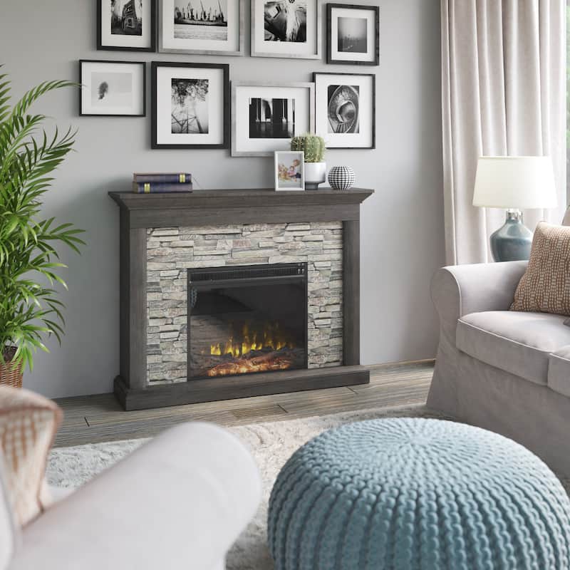 Rustic Wall Mantel Electric Fireplace with Faux Stacked Stone Surround