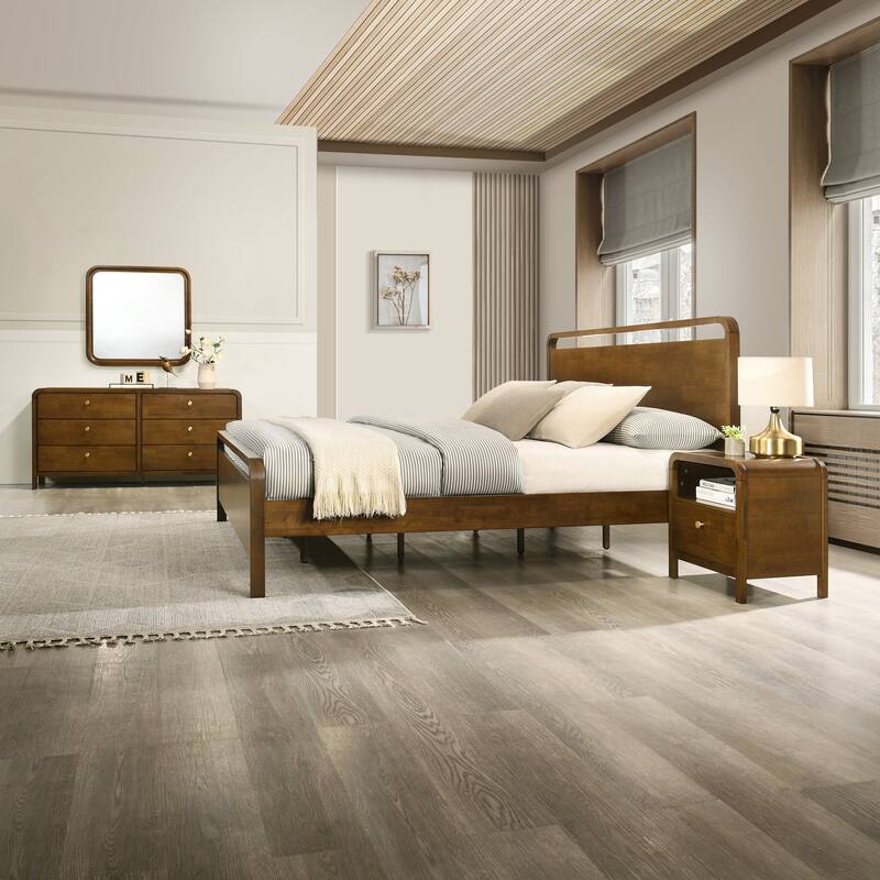 Roundhill Furniture Eldren Wood Bedroom Set, Platform Bed with Dresser, Mirror, Nightstand, Chest in Walnut Finish