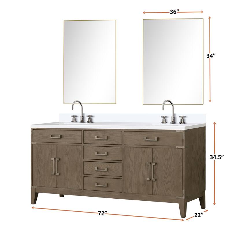 Laurel 60 in W x 22 in D Black Oak Double Bath Vanity, White Quartz Top, Faucet Set, and 28 in Mirrors
