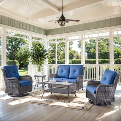 Patio Loveseat Sofa with Swivel Chair and Coffee Table - Blue cushion - Grey