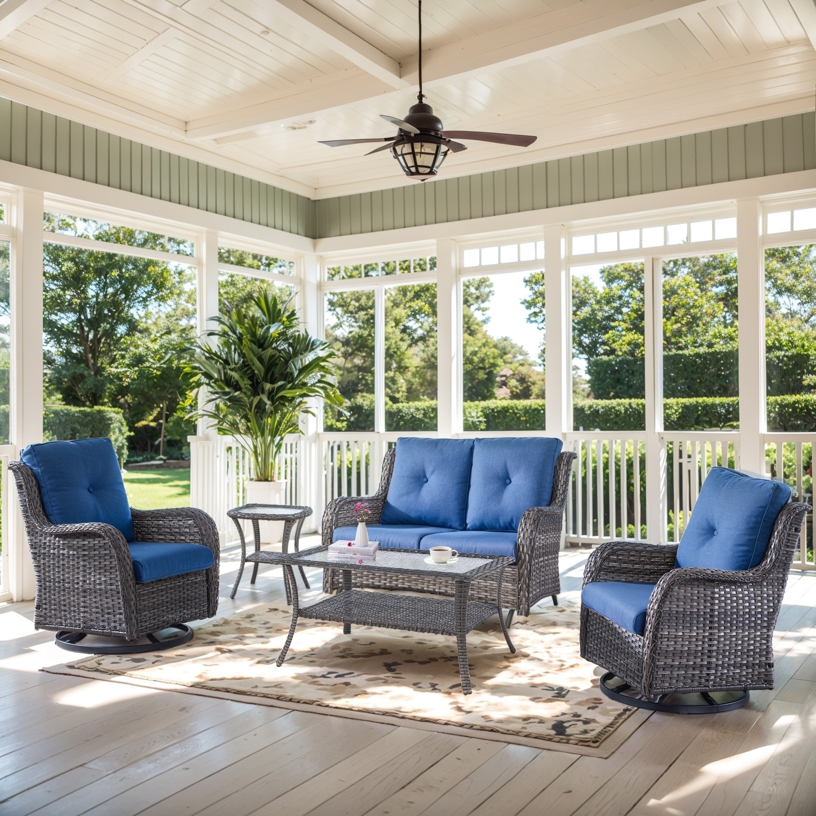 Patio Loveseat Sofa with Swivel Chair and Coffee Table - Blue cushion - Grey