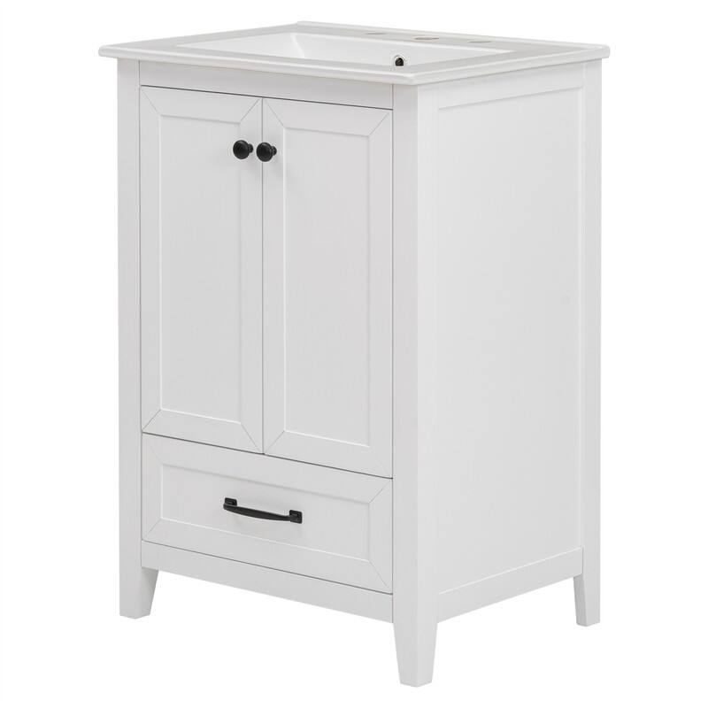 24" Bathroom Vanity with Ceramic Sink Top, Freestanding Bathroom Vanity Cabinet with 1 Storage Drawer and 2 Soft Close Doors