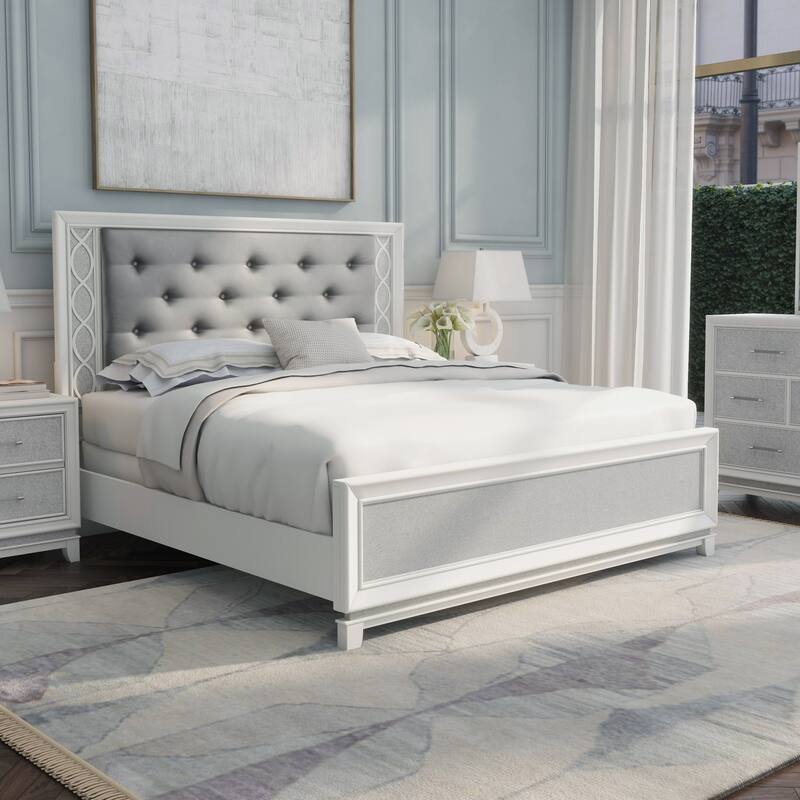 Roundhill Furniture Galaxy Upholstered Tufting Panel Bed with LED Lights in Pearlized White - King