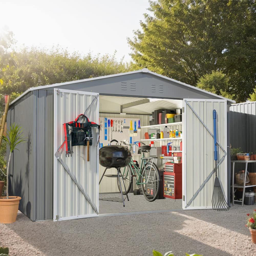 10X8 FT Outdoor Metal Storage Shed, with Lockable Doors, Tool Shed - 10X8 FT