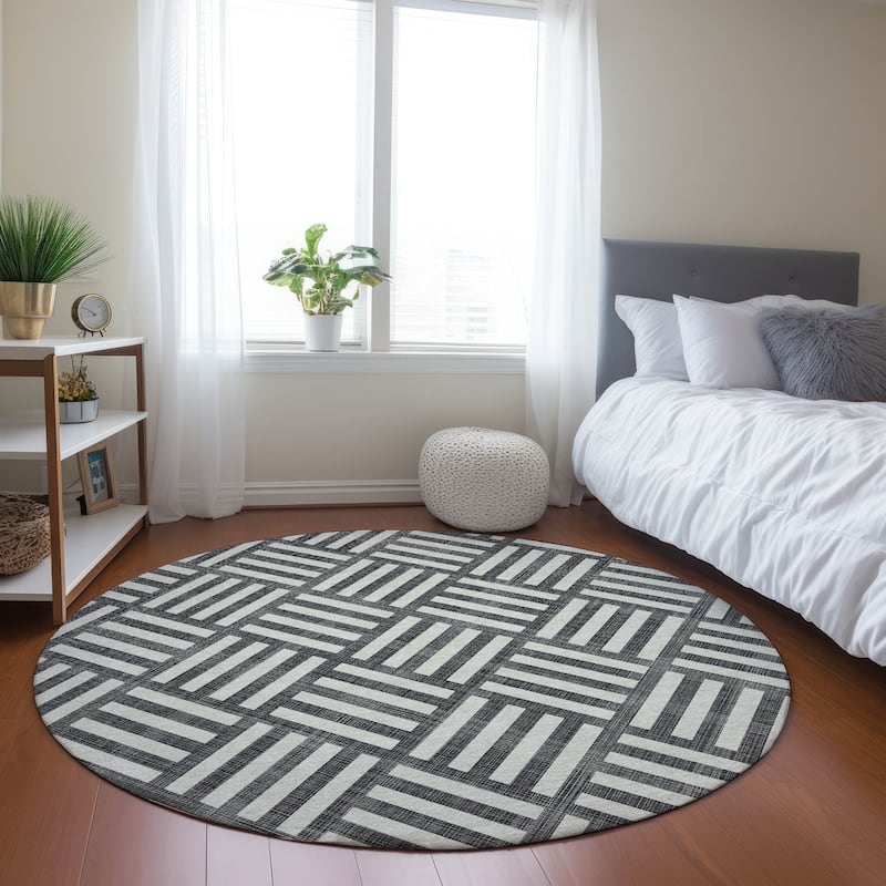 Machine Washable Indoor/ Outdoor Chantille Modern Geo Rug - Black - 8' x 8'