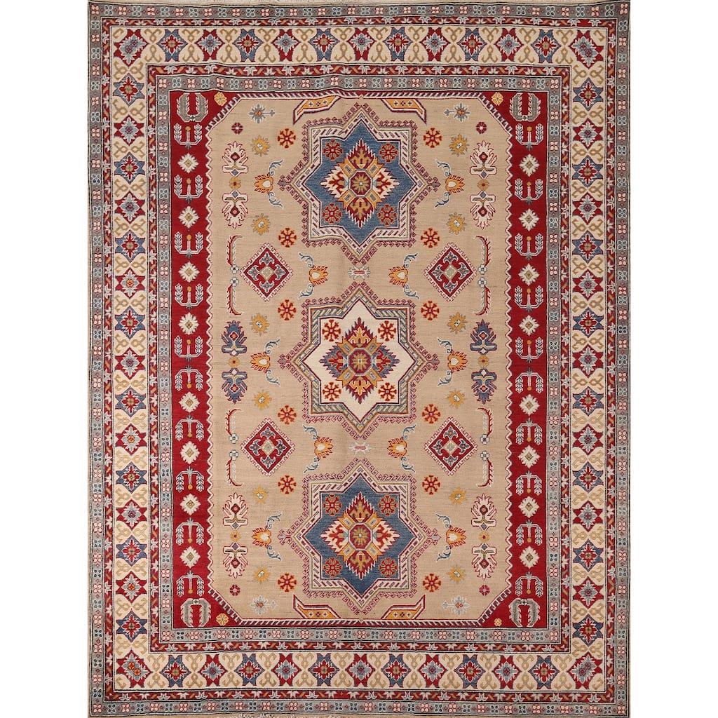 Hand Knotted Oriental 100% Wool Carpet Traditional Geometric Peach Kazak Area Rug - 10' 1'' X 8' 5''