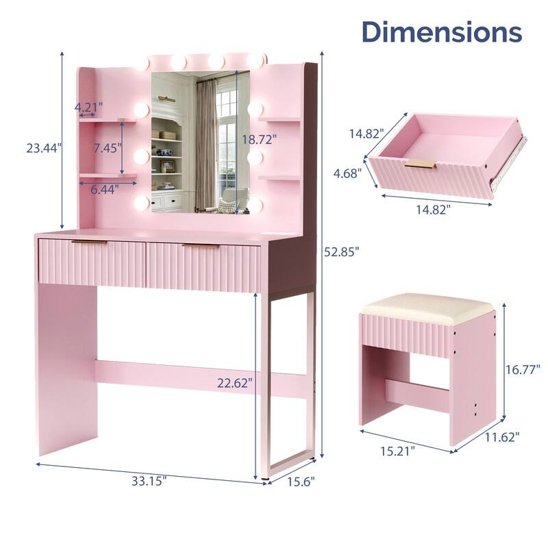Particle Board Veneered with Textured Melamine, 2-drawer 4-Shelf, comes with 10 Three-color Dimmable Bulbs, Dressing Table Set