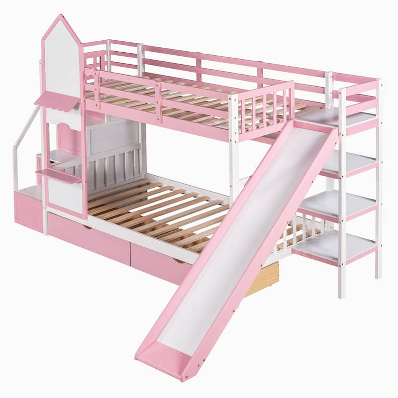 Twin-Over-Twin Wood Bunk Bed with Drawers, Shelves and Slide