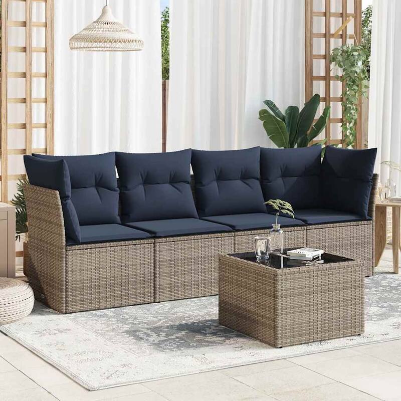 vidaXL 5 Piece Patio Sofa Set with Cushions Brown/Gray Poly Rattan - 24.4 x 24.4 x 27.2 - Gray and navy blue With table
