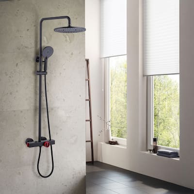 Wall Exposed Install 5-Way Thermostatic Rain Showerhead Black with High-pressure Handheld
