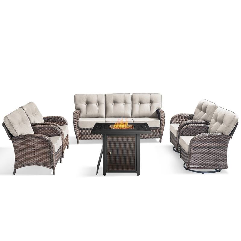 Pocassy Outdoor 30 In Fire Table with Sofa Swivel Patio Chair Set