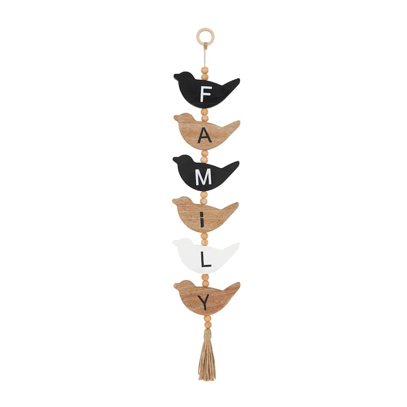 Brown or Black Wood Handmade Family Sign Bird Wall Decor with Tassel and Bead Accents