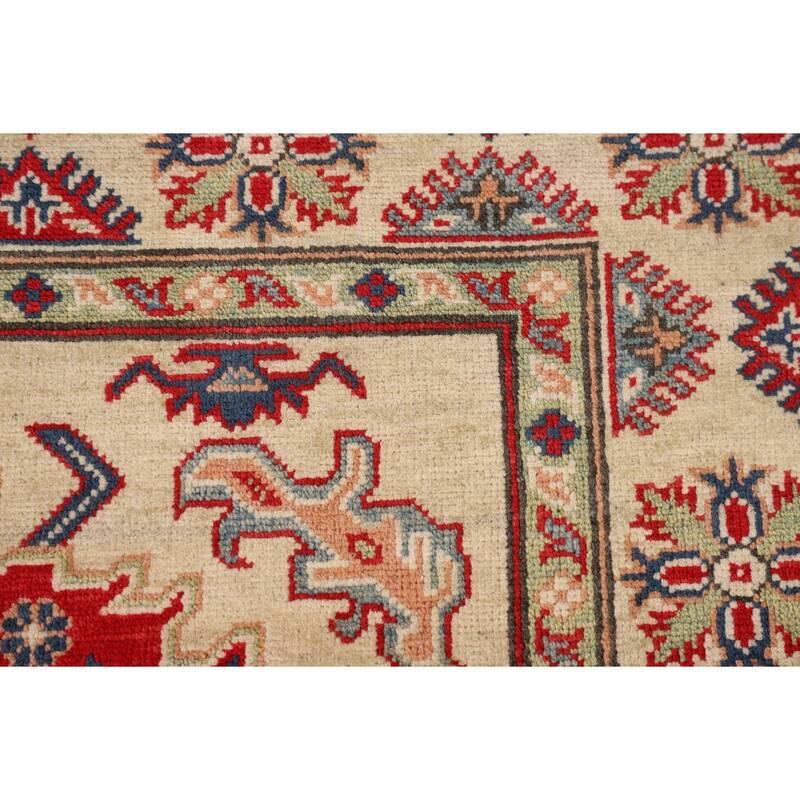 Geometric Beige Kazak Area Rug Handmade Oriental Wool Carpet - 3'11" x 5'10"