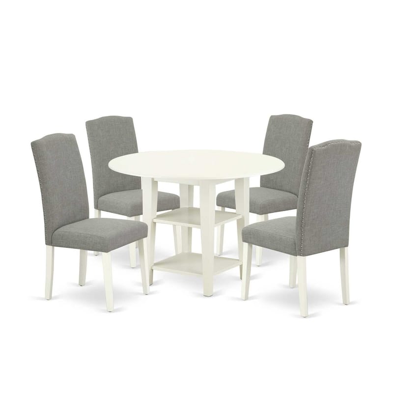 HomeStock 5-Pc Linen White Finish Solid Wood Top-Round Dining Room Set with Dropleaf-Seats 4