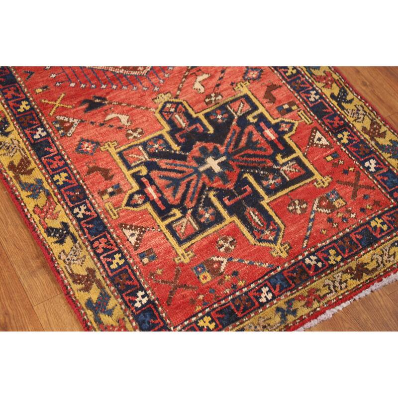 Hand Knotted Oriental 100% Wool Carpet Traditional Geometric Oranges & Rust Heriz Runner Rug - 10' 4'' X 2' 7''