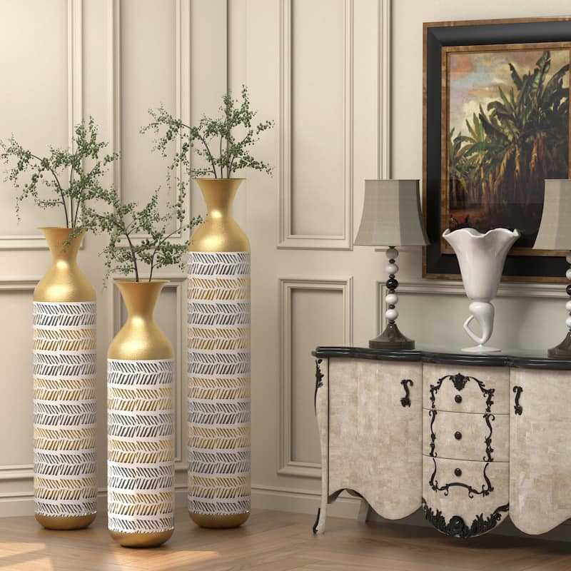 Floor Metal Decorative Vase Tall Distressed Metallic Centerpiece Vases with Pattern, Set of 3 Vases