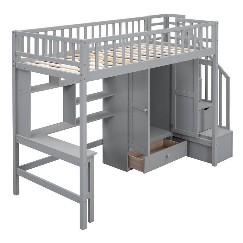 Twin Size Loft Bed with Bookshelf, Desk, Drawers and Wardrobe